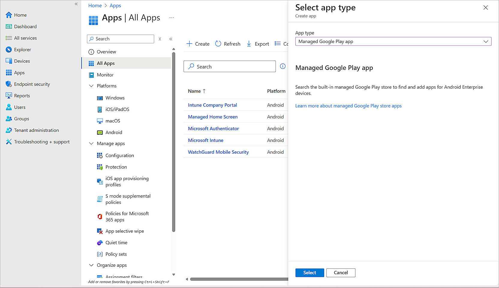 Screenshot of the Select App Type page in Intune